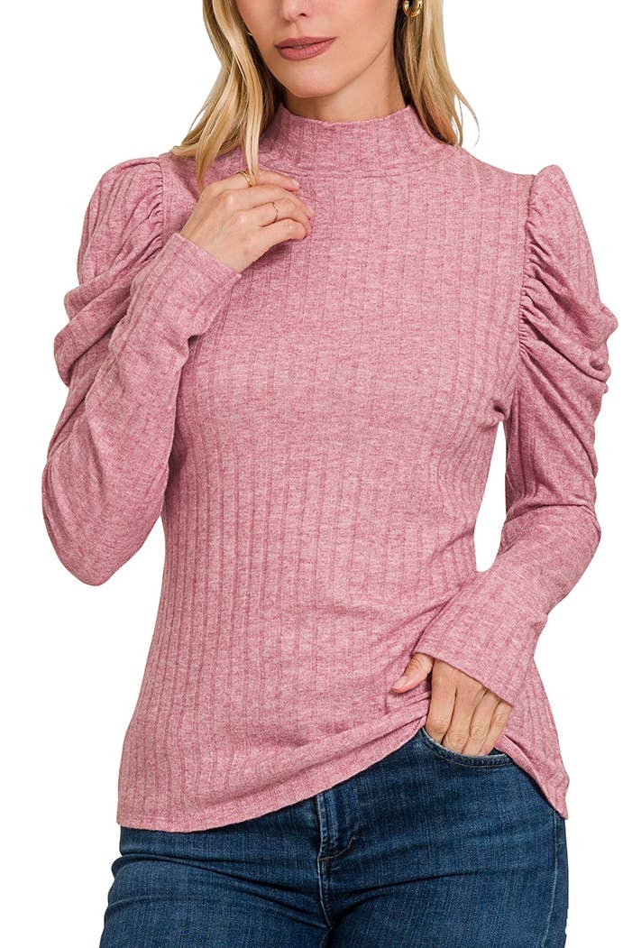 FINAL SALE Ruthie Ribbed Puff Long Sleeve Mock Neck Top