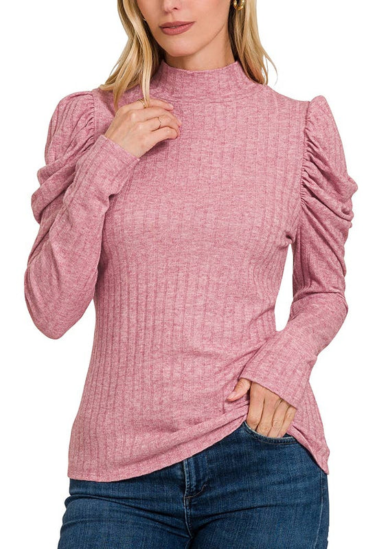 Ruthie Ribbed Puff Long Sleeve Mock Neck Top