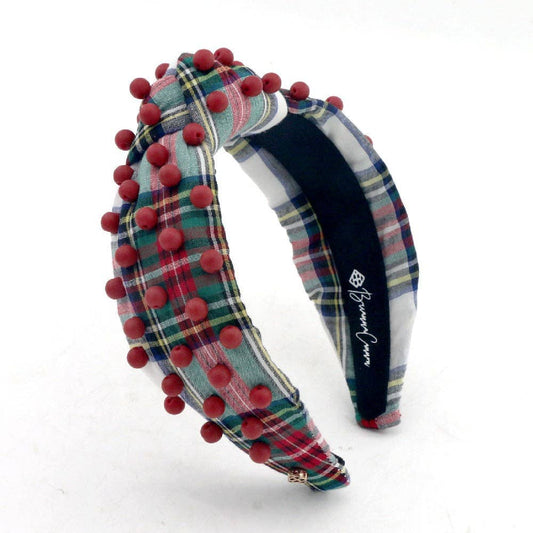 White Tartan Plaid Headband with Red Beads by Brianna Cannon