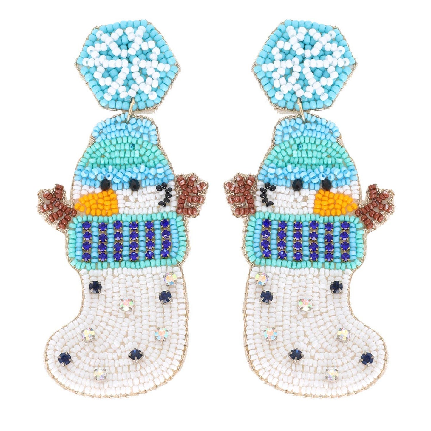 Blue  Snowman Beaded Christmas Stocking Earrings: Blue