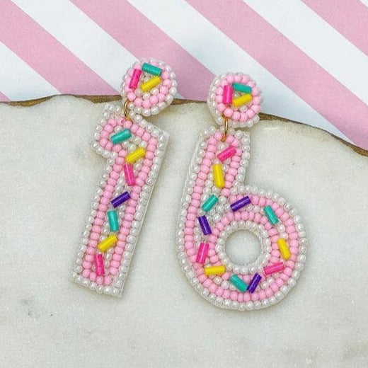 '16' Birthday Beaded Dangle Earrings