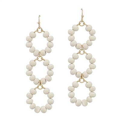 Waverly White Wood Beaded Circle Triple Drop Earrings