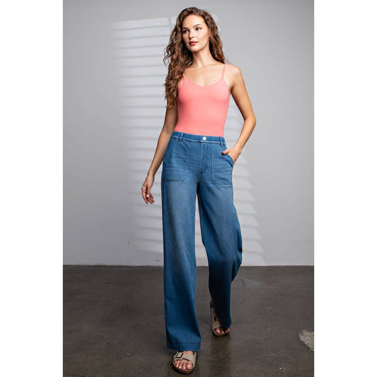Pull On Pocketed Cotton Stretch Twill Wide Leg Pants - LIGHT