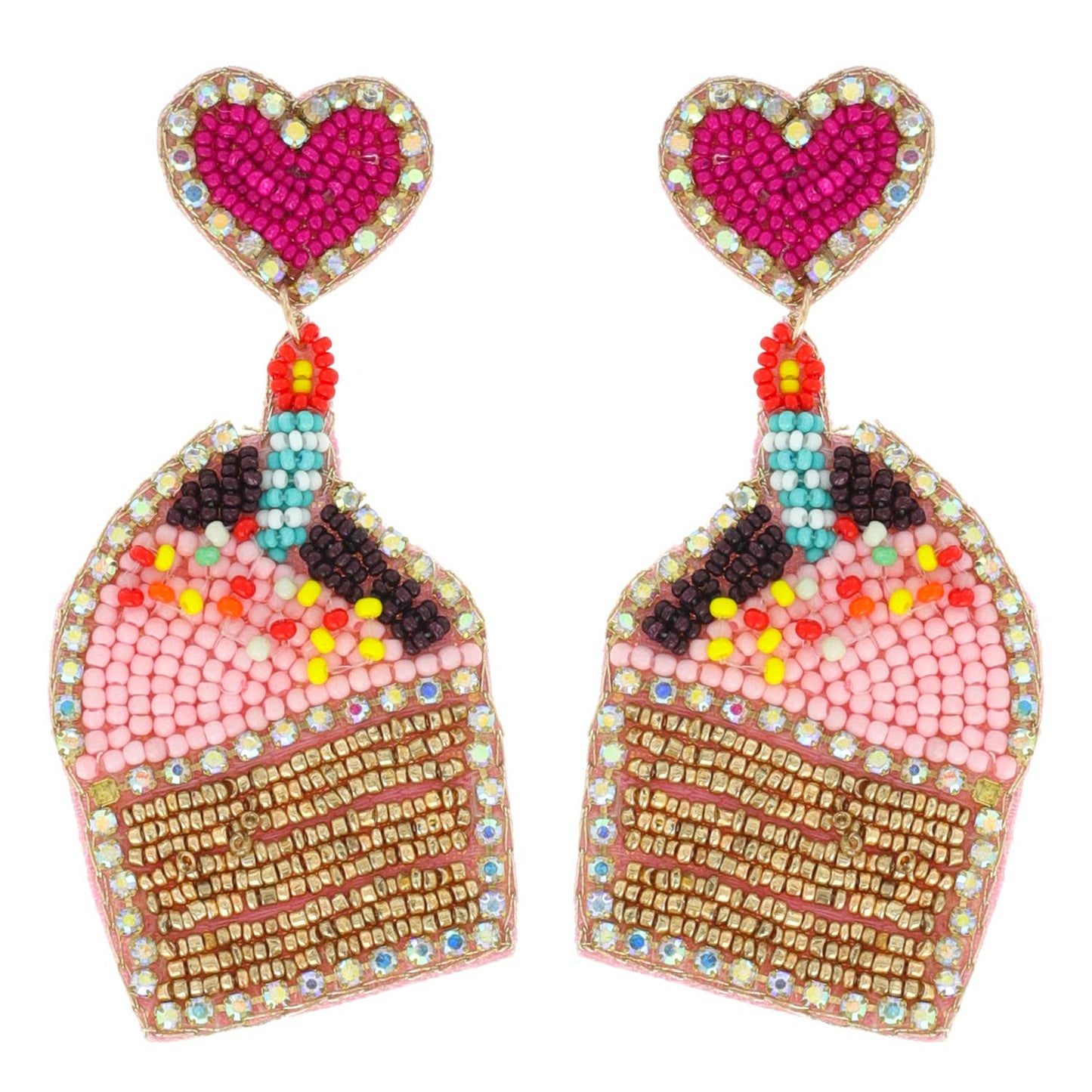 SP Sophia Collection - Rhinestone Trim Beaded Heart & Birthday Cupcake Earrings: Pink