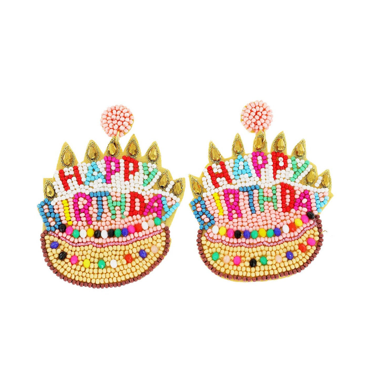 Beaded & Jeweled "Happy Birthday" Cake Dangle Earrings: Yellow