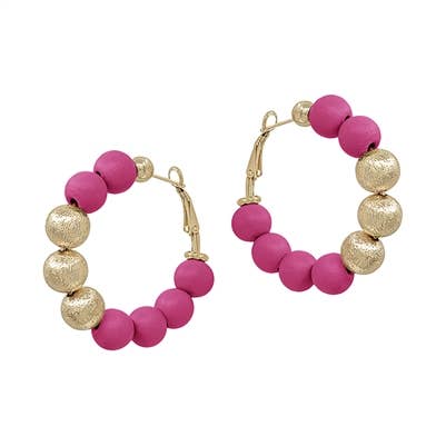 Harley Hot Pink Wood Beaded and Textured Gold Earrings