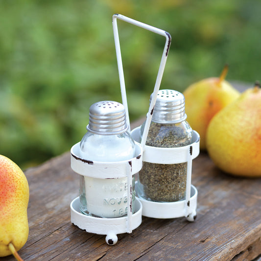 White Salt and Pepper Carrier with Handle