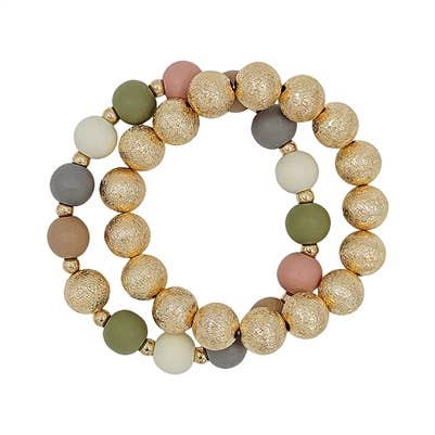 Gail Gold Textured Beaded & Light Multi Wood Bracelet Set