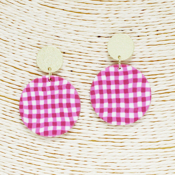 Pink Gingham Round Clay Earrings