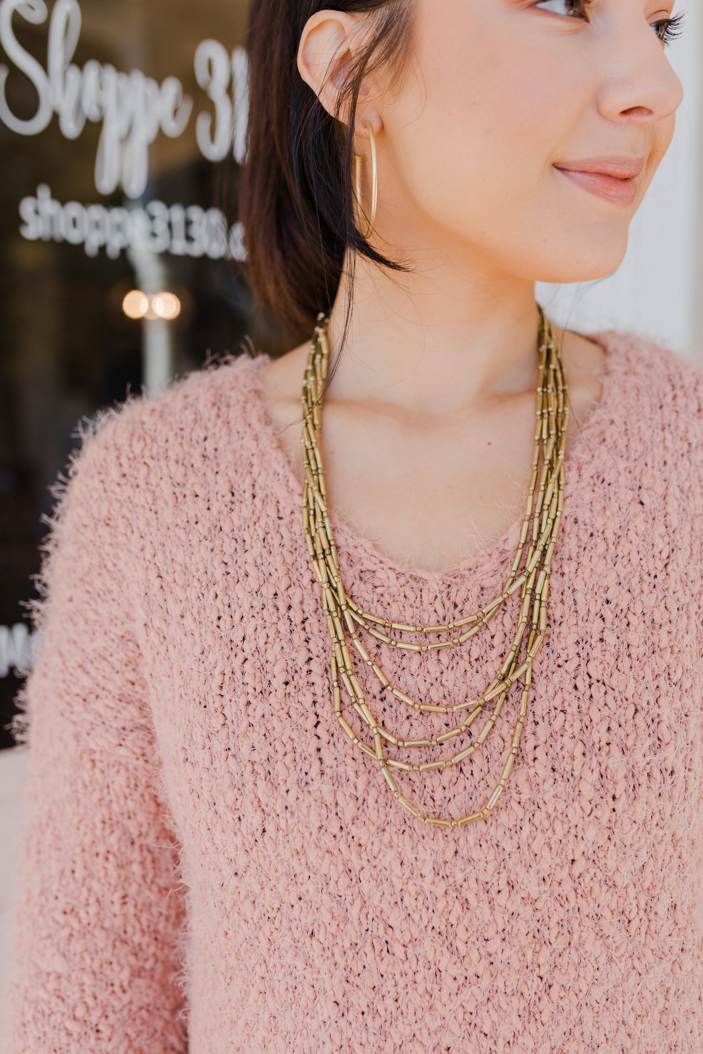 Long Gold Bead Statement Necklace