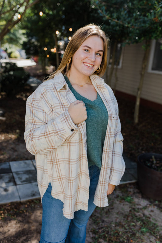 White Mocha Curvy Flannel Plaid Shacket