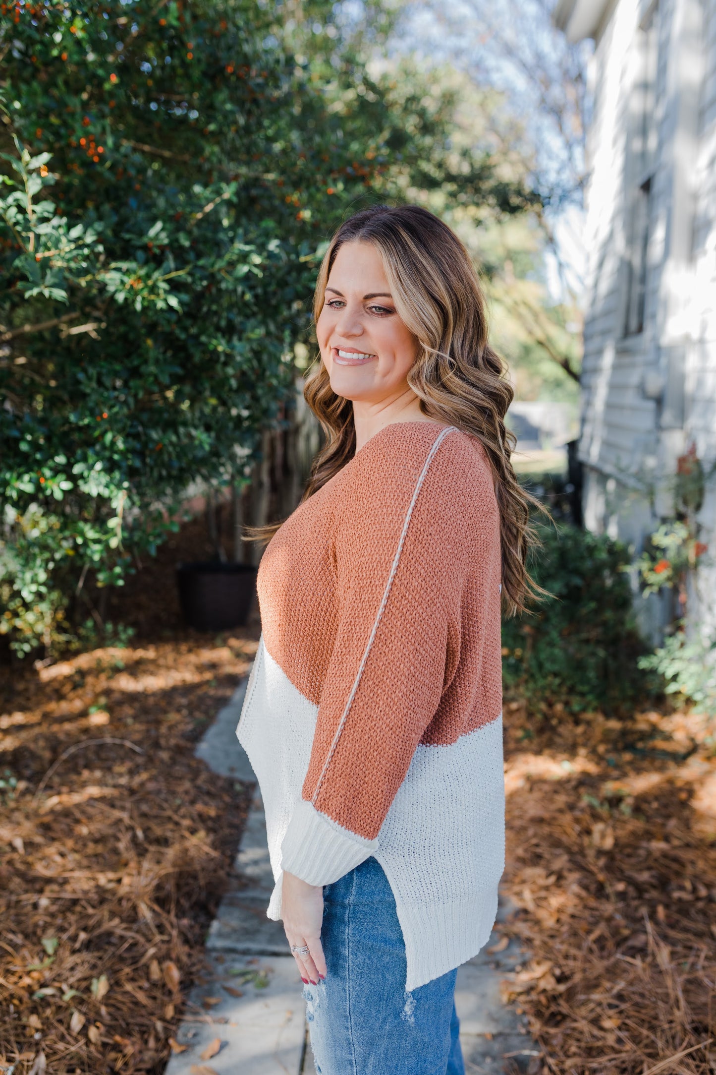 Curvy Color Block Oatmeal Crew Knit Cable Sweater