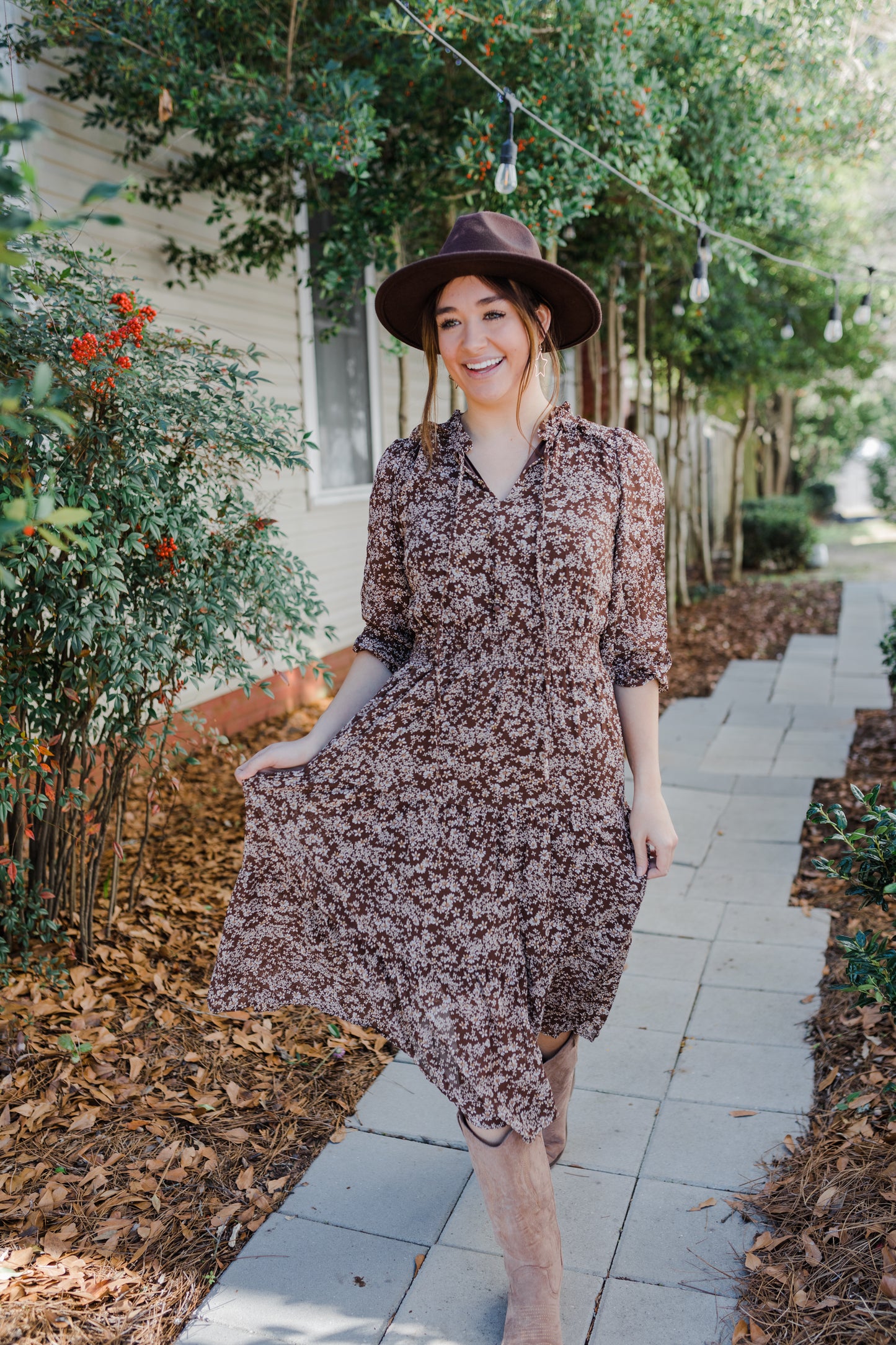 Brown Midi Floral Lined Dress
