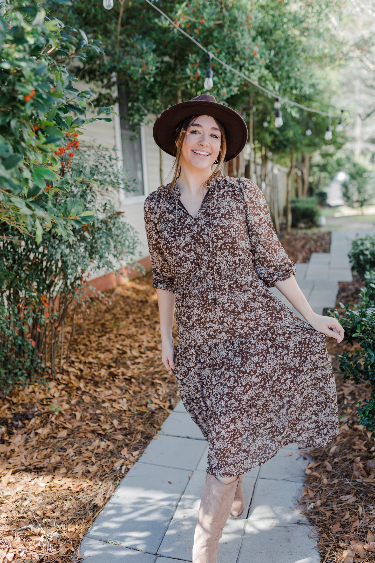 Brown Midi Floral Lined Dress