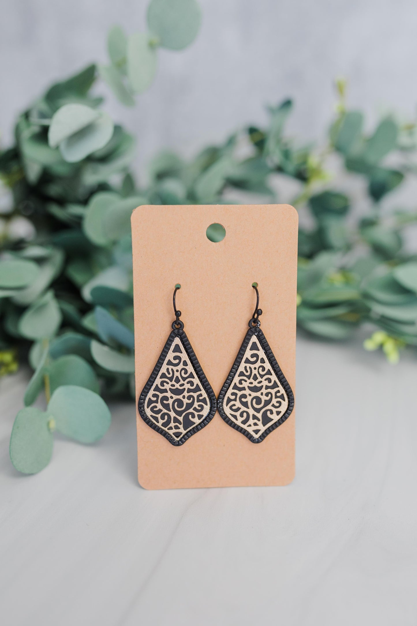 Filigree Marquise Black and Matte Gold Earrings