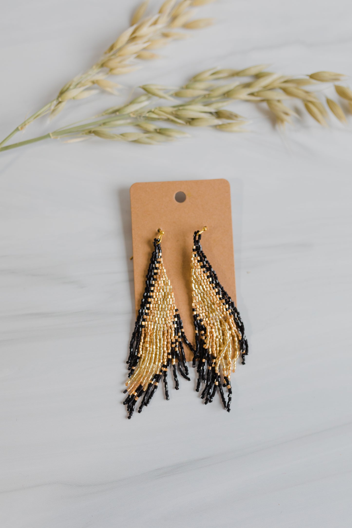 Black and Gold Seed Bead Dangle Earrings