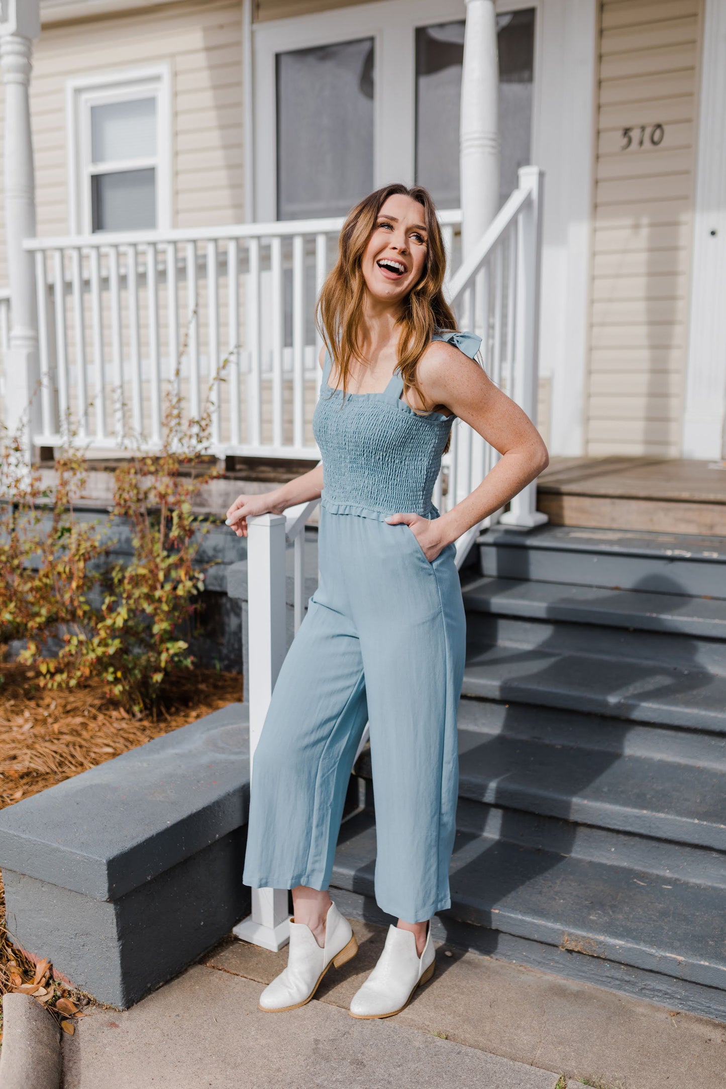 FINAL SALE Spring in My Step Dusty Blue Jumpsuit