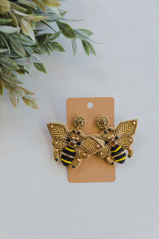 Gold Wing Bee Seed Bead Earrings