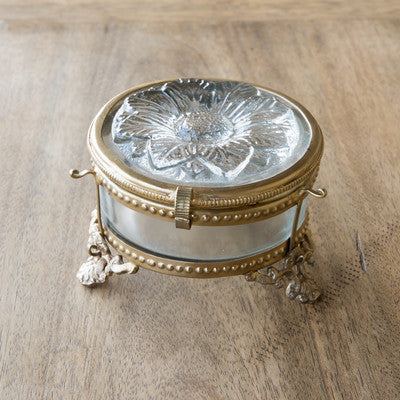 Embossed Glass Flower Box with Antique Brass Trim
