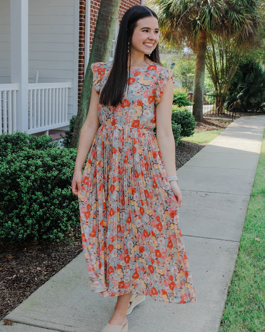 True and Lovely Floral Pleated Midi Dress