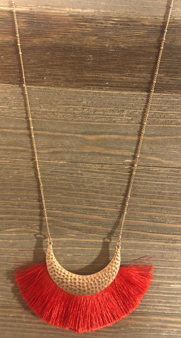 Red Fan Tassel Gold Half Moon Necklace - Shoppe3130