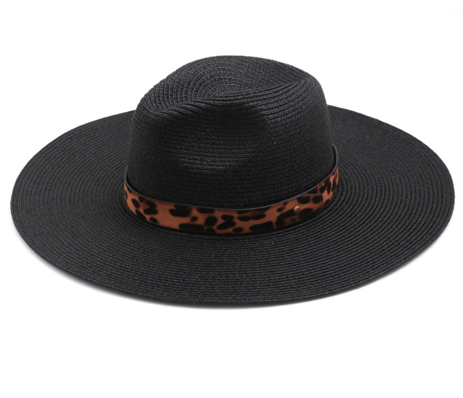 Black Leopard Ribbon Straw Hat - Shoppe3130