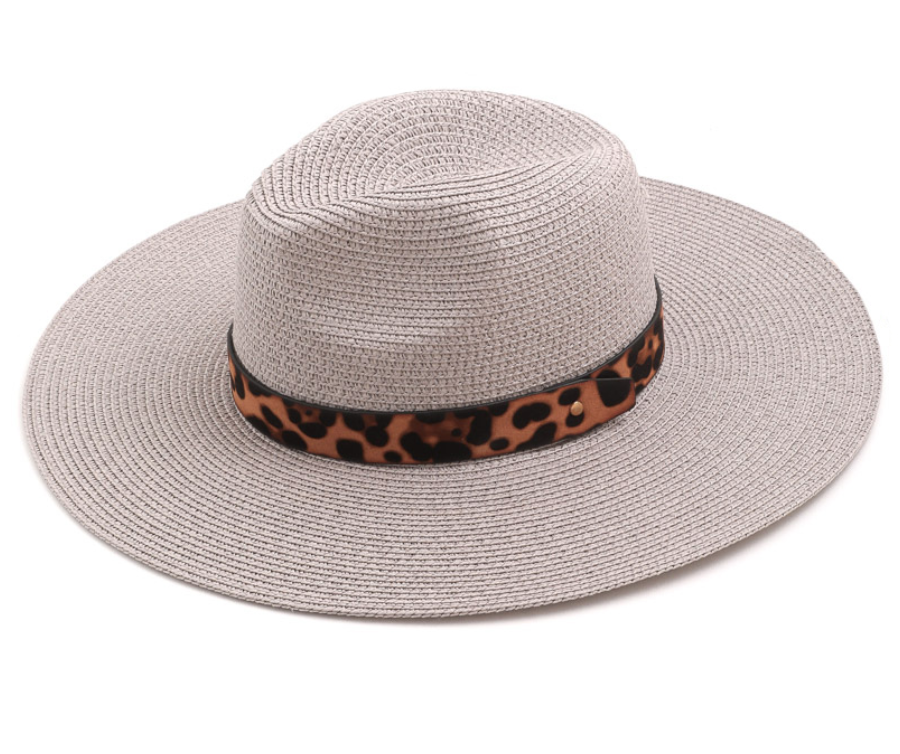 Gray Leopard Ribbon Straw Hat - Shoppe3130
