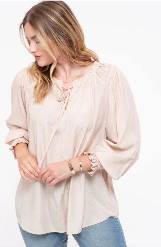 Plus Keyhole Smocked Cuff Blouse in Taupe