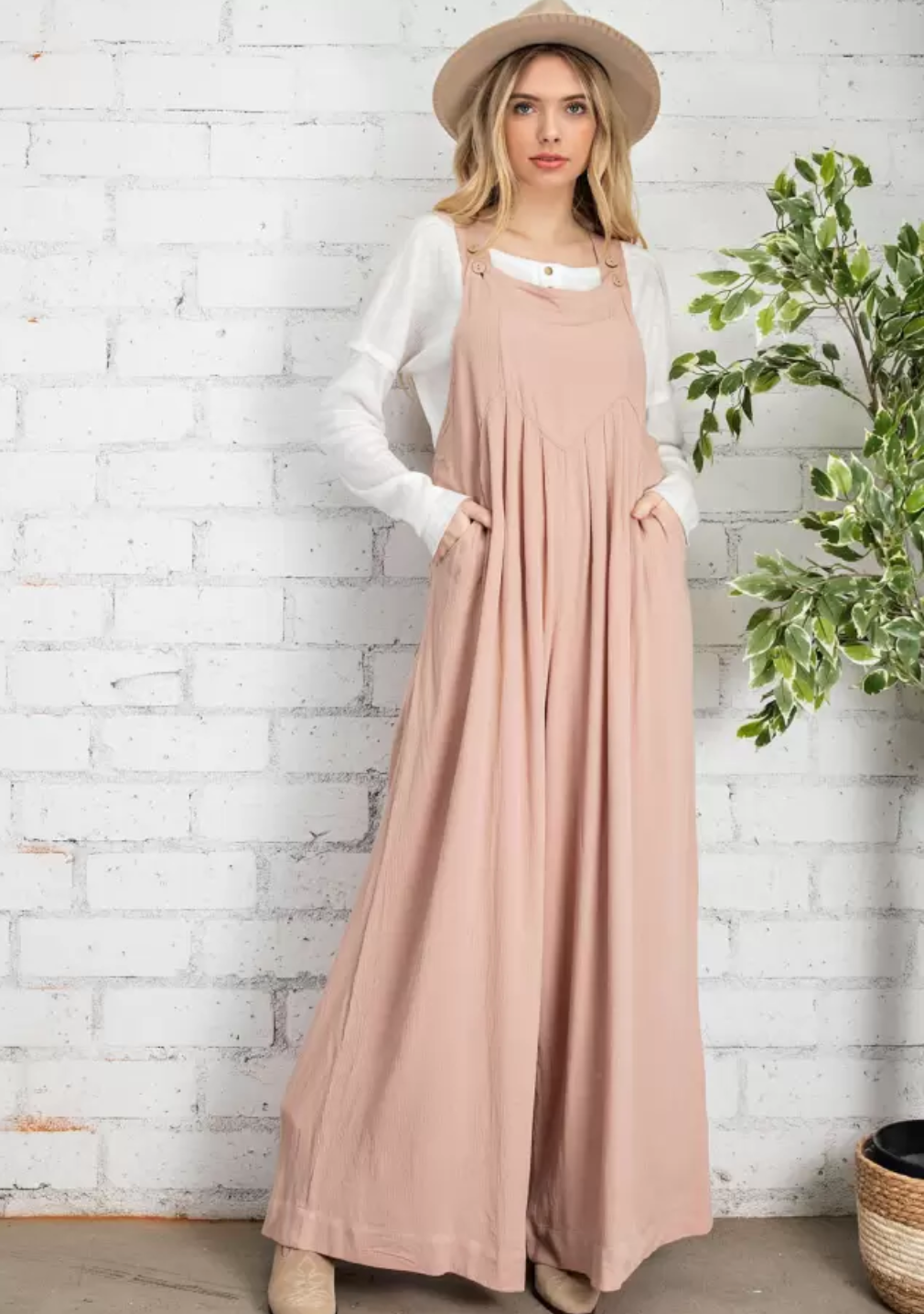 Blush Wide Leg Overall Jumpsuit