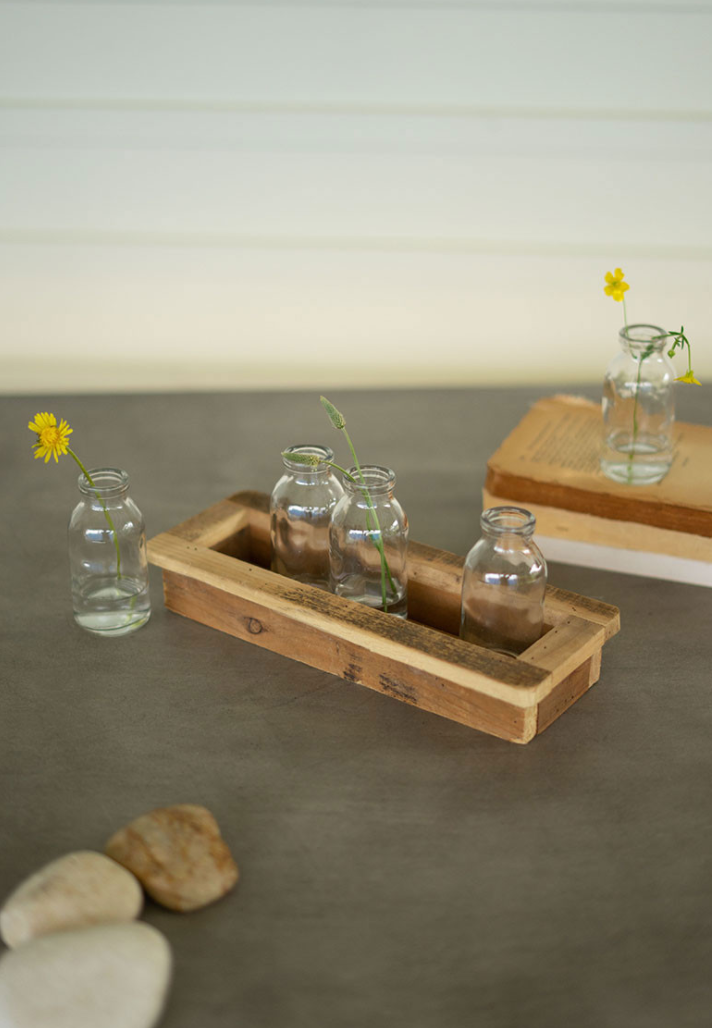 Set of Five Glass Bud Vases with Recycled Wood Base