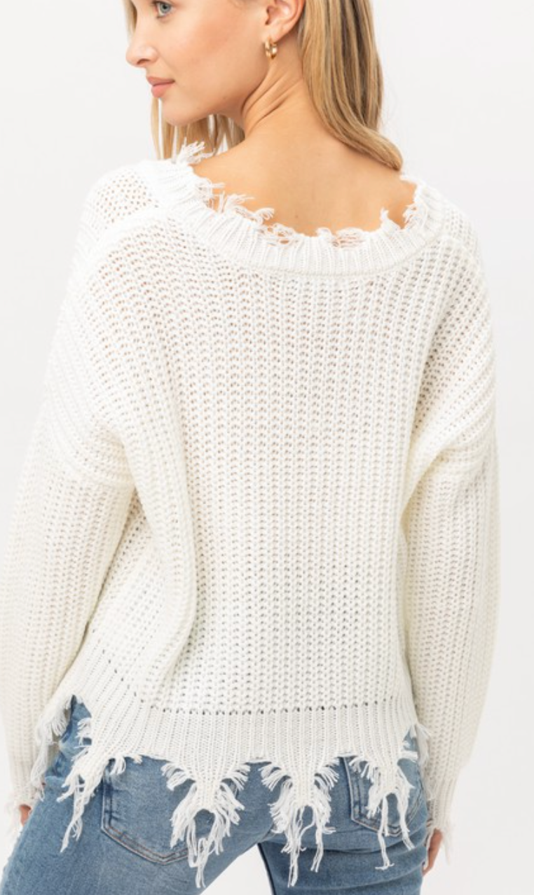 Distressed Hem Cable Knit Sweater