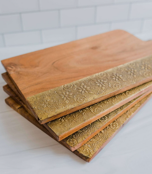Wooden and Hammered Golden Metal Charcuterie Serving Board