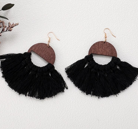 Wooden Half Moon Tassel Earrings