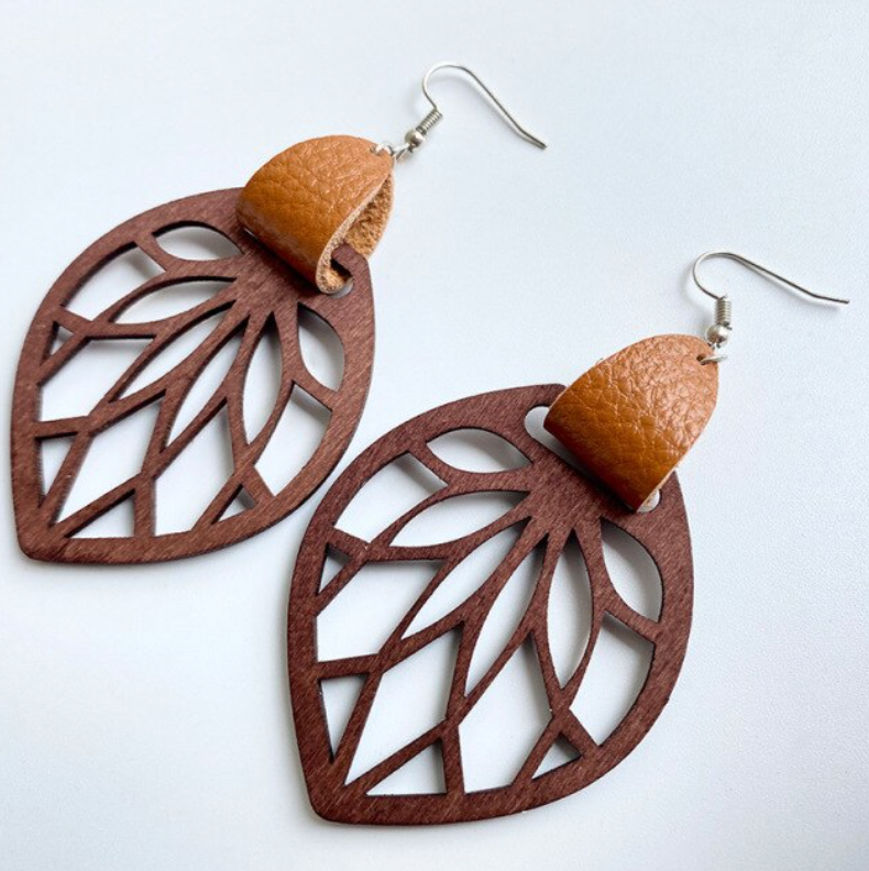 Misty Leaf Wood and Leather Earrings