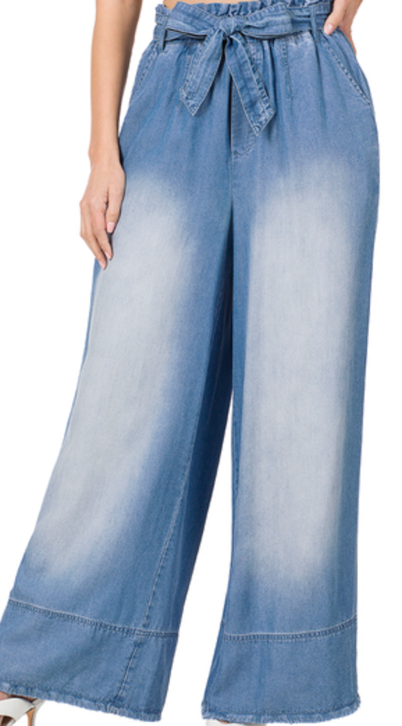 Chambray Belted Wide Leg Pants