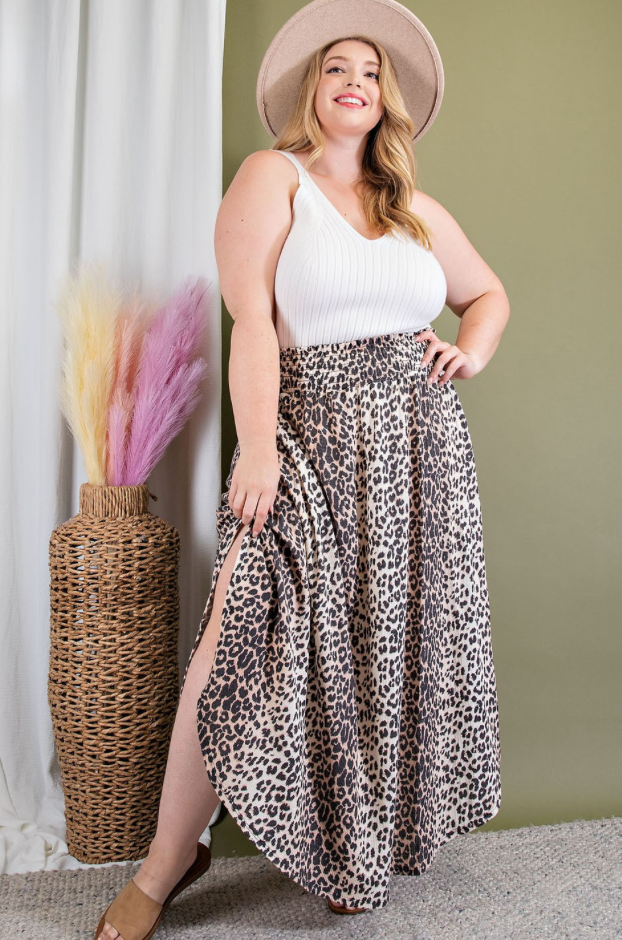 Curvy Smocked Leopard Maxi Skirt