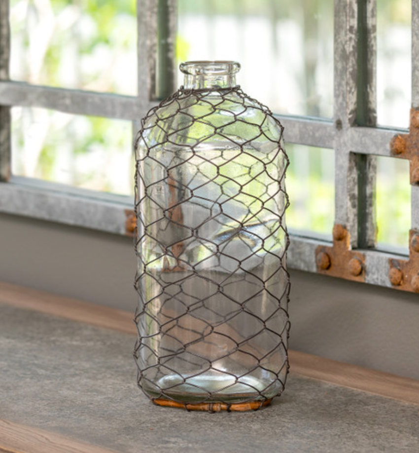 Bottle With Poultry Wire, 10" Vase