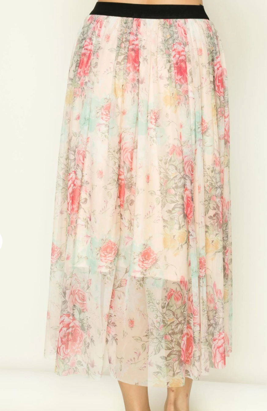 Peach Primrose Floral Tulle Midi Skirt