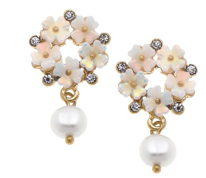 Jane Pearl & Rhinestone Flower Drop Earrings in Ivory