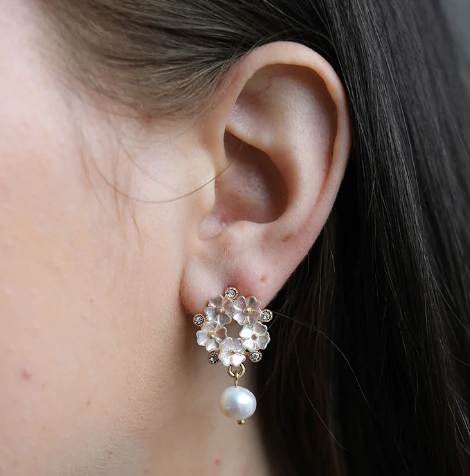 Jane Pearl & Rhinestone Flower Drop Earrings in Ivory
