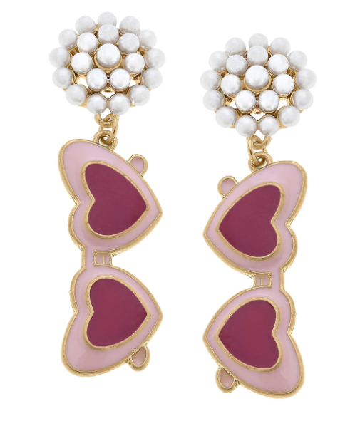 Valentine's Heart Sunnies Pearl Cluster Enamel Earrings in Pink
