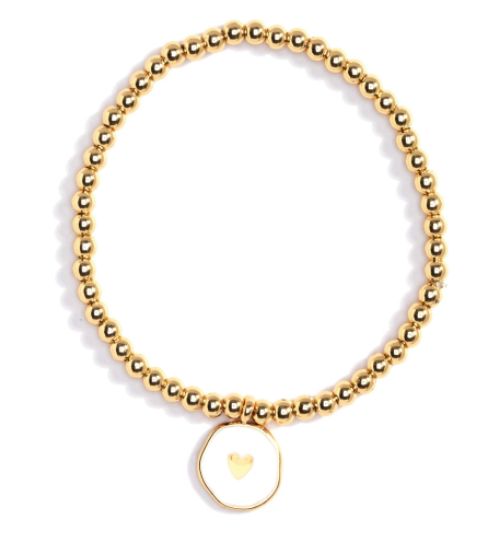 Charming and Understated Gold Ball Bracelet White Enamel Heart