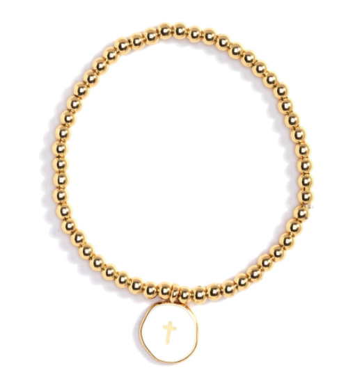 Charming and Understated Gold Ball Bracelet White Enamel Cross