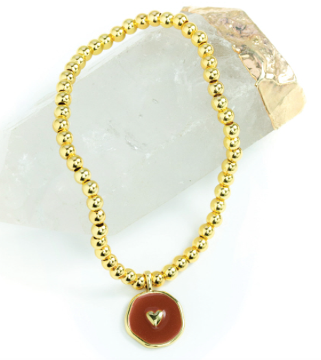 Charming and Understated Gold Ball Bracelet Rust Enamel Heart
