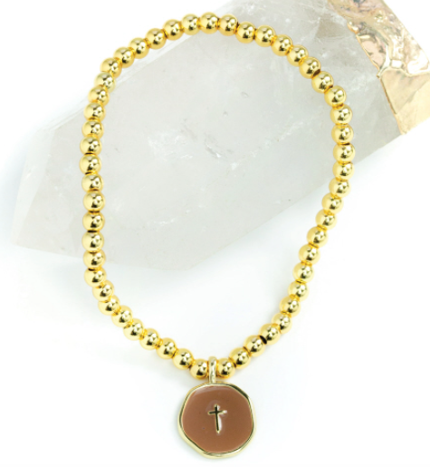 Charming and Understated Gold Ball Bracelet Spice Enamel Cross