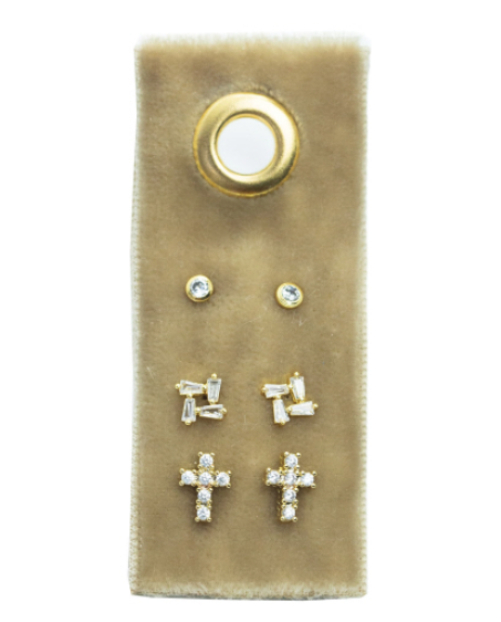Earring Set on Velvet Set/3: cz - cz cluster - pave cross , Gold
