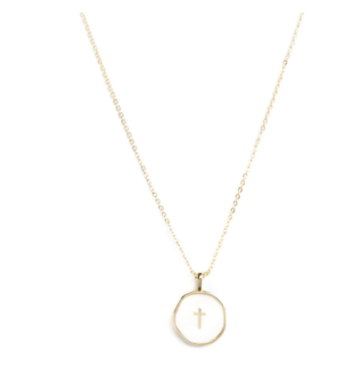 Charming and Understated Gold Ball Necklace White Enamel Cross