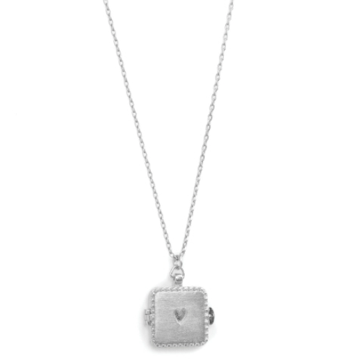 Square Locket Necklace with Etched Heart, Silver