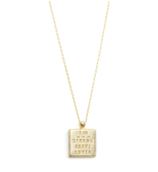 Strong Brave Loved Worded Necklace, Gold