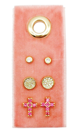 Pink Pave Cross Earring Set of 3 on Velvet